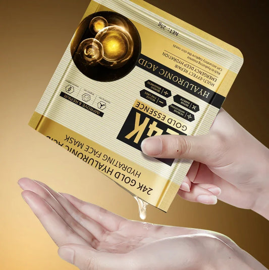 24K Gold Hyaluronic Acid Facial Mask – 10PCS Moisturizing & Anti-Aging Sheet Mask