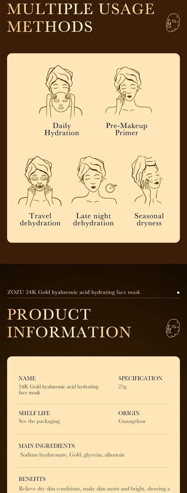 24K Gold Hyaluronic Acid Facial Mask – 10PCS Moisturizing & Anti-Aging Sheet Mask