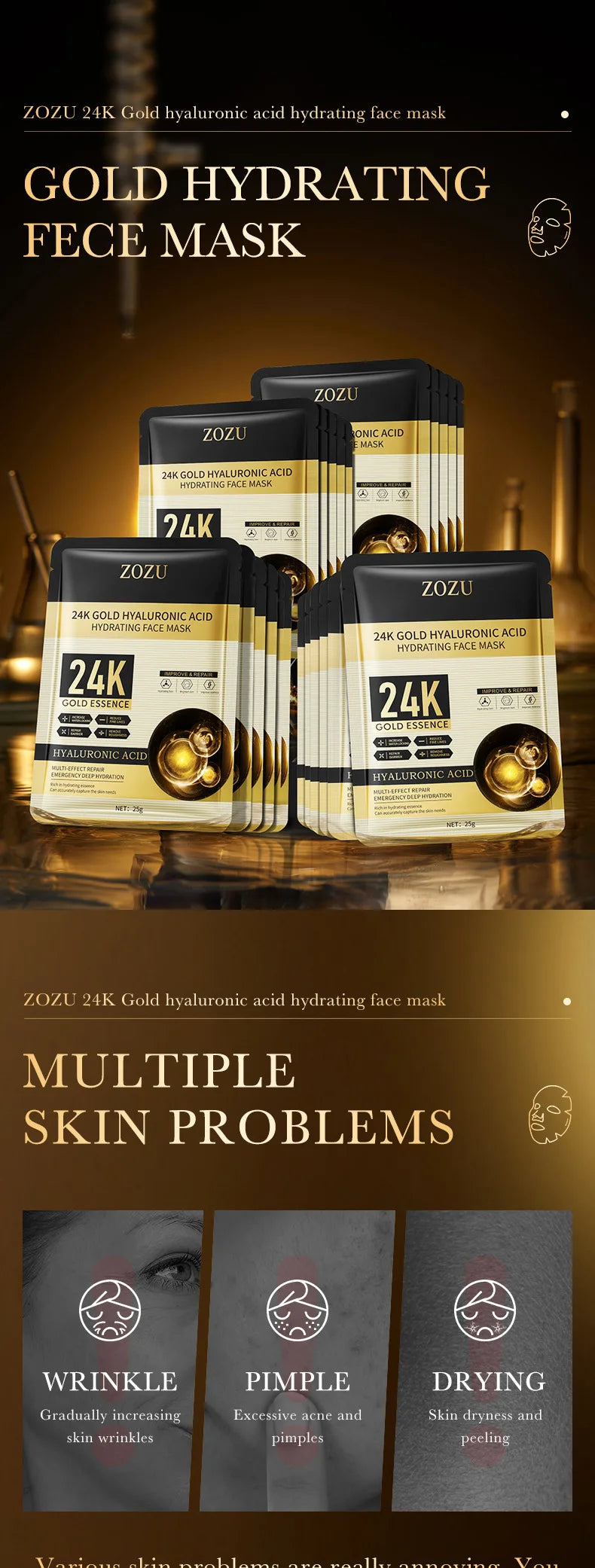 24K Gold Hyaluronic Acid Facial Mask – 10PCS Moisturizing & Anti-Aging Sheet Mask
