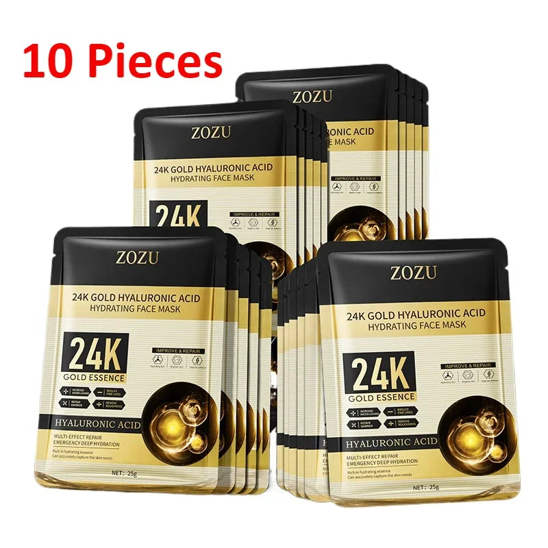 24K Gold Hyaluronic Acid Facial Mask – 10PCS Moisturizing & Anti-Aging Sheet Mask