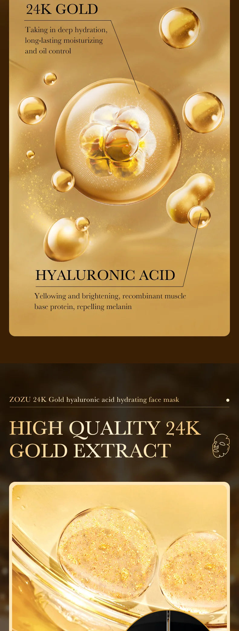 24K Gold Hyaluronic Acid Facial Mask – 10PCS Moisturizing & Anti-Aging Sheet Mask