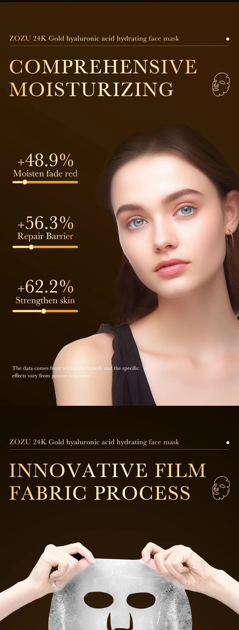 24K Gold Hyaluronic Acid Facial Mask – 10PCS Moisturizing & Anti-Aging Sheet Mask