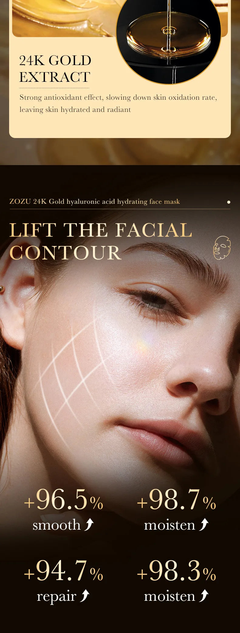 24K Gold Hyaluronic Acid Facial Mask – 10PCS Moisturizing & Anti-Aging Sheet Mask