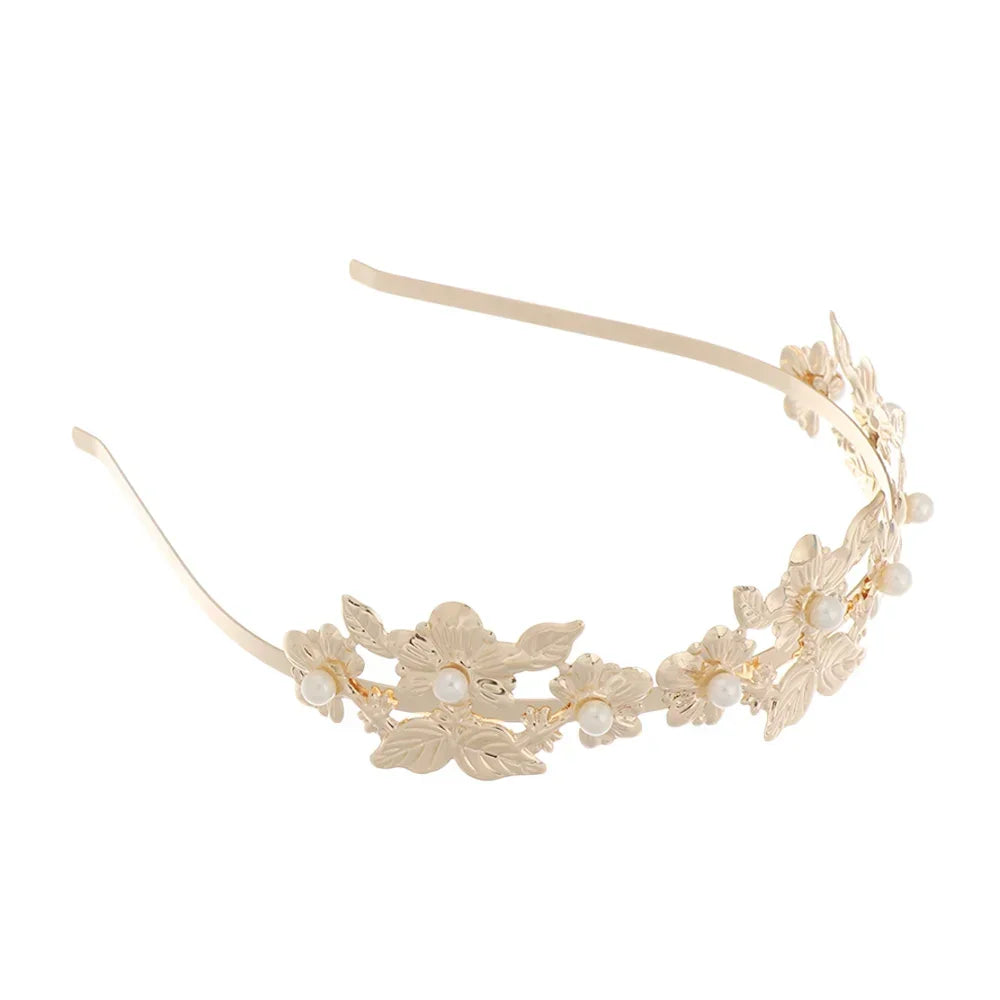Bridal Gold Leaves Hair Crown – Vintage Pearl Wedding Tiara for Women