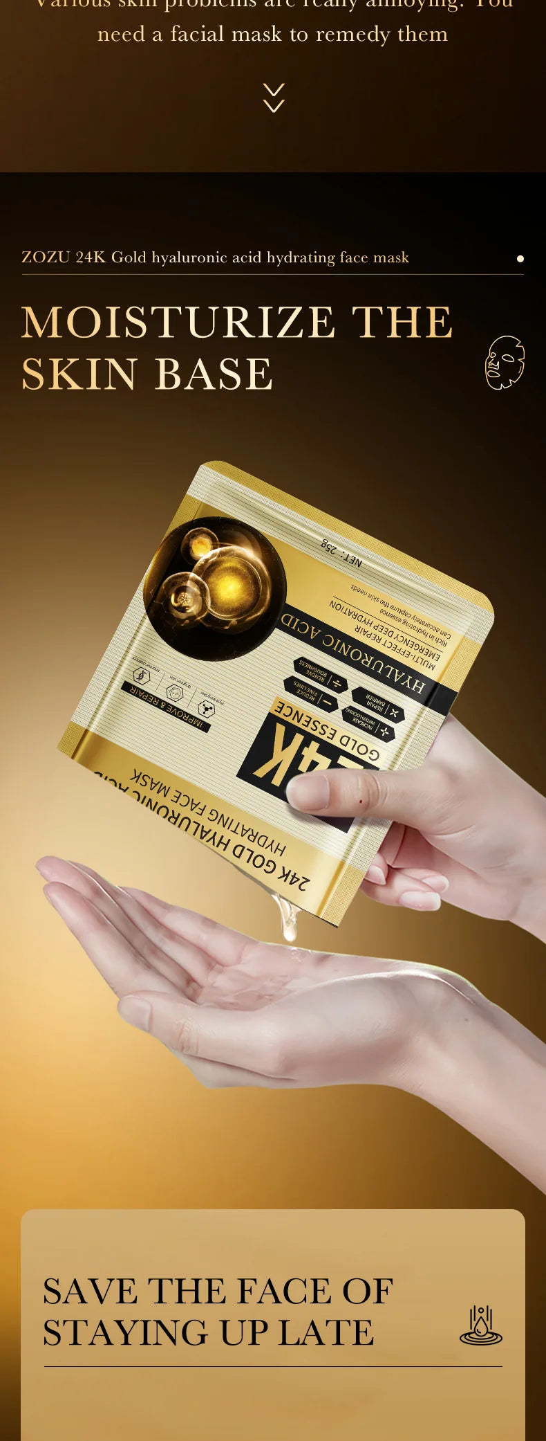 24K Gold Hyaluronic Acid Facial Mask – 10PCS Moisturizing & Anti-Aging Sheet Mask