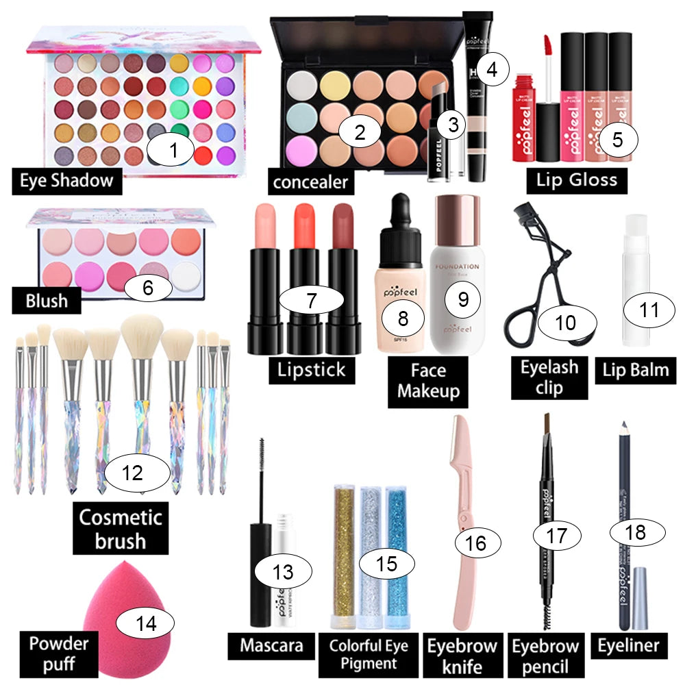 POPFEEL All-in-One Makeup Kit – Eyeshadow, Lipstick, Brushes & More